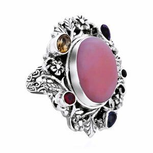 10.50 Carets Pink Opal Multi Gemstone Floral Leaves Sz 8 Ring 925 Sterling